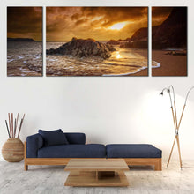 Load image into Gallery viewer, South Devon Canvas Wall Art Yellow Salcombe Sun Beach Rocks Canvas Print Brown Ocean Beach  3 Piece Canvas For Living Room
