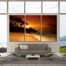 Load image into Gallery viewer, Sri Lanka Ocean at Dusk Palm Trees above Boulders Triptych Decor For Living Room
