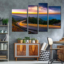 Load image into Gallery viewer, Starry Landscape Canvas Print Green Trees Light Trail Scenery 4 Piece Canvas Wall Art Blue Mountains Sunset Canvas Set
