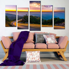 Load image into Gallery viewer, Starry Landscape Canvas Print Green Trees Light Trail Scenery 5 Piece Canvas Wall Art Blue Mountains Sunset Canvas Set In Living room
