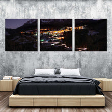 Load image into Gallery viewer, Starry Mountain Canvas Wall Art Blue Sky Mountain Landscape Canvas Set Yellow City Mountain Village 3 Piece Canvas Print In Bedroom
