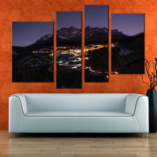 Load image into Gallery viewer, Starry Mountain Canvas Wall Art Blue Sky Mountain Landscape Canvas Set Yellow City Mountain Village 4 Piece Canvas Print
