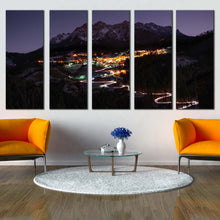 Load image into Gallery viewer, Starry Mountain Canvas Wall Art Blue Sky Mountain Landscape Canvas Set Yellow City Mountain Village 5 Piece Canvas Print For Living Room
