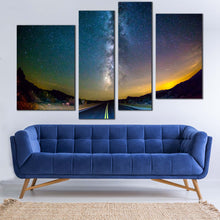 Load image into Gallery viewer, Starry Scenery Canvas Print Road Toward Milky Way Multiple Canvas Yellow Sunset Forest Canvas Set Blue Sky Scenery  4 Piece Canvas Wall Art
