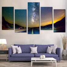 Load image into Gallery viewer, Starry Scenery Canvas Print Road Toward Milky Way Multiple Canvas Yellow Sunset Forest Canvas Set Blue Sky Scenery  5 Piece Canvas Wall Art
