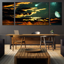 Load image into Gallery viewer, Starry  Sky  Canvas  Wall  Art  Beautiful  Cloudy  Green  Moon  Sky 3  Piece  Canvas  Brown  Mountain  Scenery  Canvas  Print  For Dining Room
