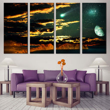 Load image into Gallery viewer, Starry Sky Canvas Wall Art Beautiful Cloudy Green Moon Sky  4 Piece Canvas Brown Mountain Scenery Canvas Print In Living room
