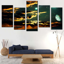 Load image into Gallery viewer, Starry Sky Canvas Wall Art Beautiful Cloudy Green Moon Sky  5 Piece Canvas Brown Mountain Scenery Canvas Print In Living Room
