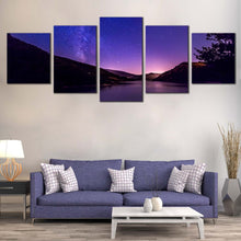 Load image into Gallery viewer, Starry Sky Canvas Wall Art Black Galaxy Mountain  5 Piece Canvas Print Milky Way Blue Starry Night Canvas Set In LIving Room
