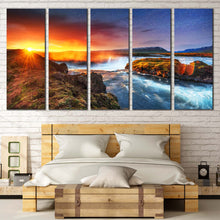 Load image into Gallery viewer, Starry Sky Canvas Wall Art Yellow Sunshine  Canvas Print White Milky Way Hodafoss Waterfall 5 Piece Multiple Canvas For Bedroom
