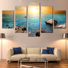 Load image into Gallery viewer, Stony  Beach  Canvas  Wall  Art  Yellow  Cloudy  Sky  Sunset  Living  Room  5  piece  Canvas  Print  Blue  Ocean  Rocks  Wide  Canvas In Living room
