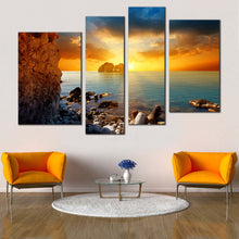 Load image into Gallery viewer, Stony Beach Canvas Wall Art Yellow Cloudy Sunset Sky Canvas Print Blue Sea Ocean Rocks 4 Piece Multi Canvas For Your Living Room'
