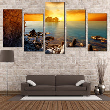 Load image into Gallery viewer, Stony Beach Canvas Wall Art Yellow Cloudy Sunset Sky Canvas Print Blue Sea Ocean Rocks 5 Piece Multi Canvas For Your Living Room
