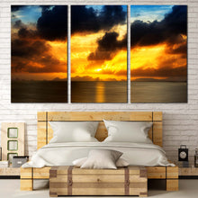Load image into Gallery viewer, Sunset Clouds Canvas Wall Art Grey Seascape Sunset Reflection Triptych Multi Canvas Yellow Ocean Sky  3 Piece Canvas Print For Bedroom
