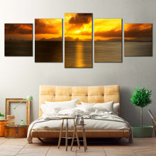 Load image into Gallery viewer, Sunset Reflection Canvas Wall Art Grey Seascape Sunset Clouds Lake  5 Piece Canvas Print Yellow Ocean Sky Multi Canvas Artwork For Your Bedroom
