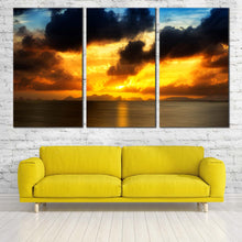 Load image into Gallery viewer, Sunset Reflection Canvas Wall Art Grey Seascape Sunset Clouds Lake  3 Piece Canvas Print Yellow Ocean Sky Multi Canvas Artwork In Living room
