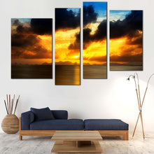 Load image into Gallery viewer, Sunset Reflection Canvas Wall Art Grey Seascape Sunset Clouds Lake  4 Piece Canvas Print Yellow Ocean Sky Multi Canvas Artwork
