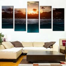 Load image into Gallery viewer, Sunset Sky Canvas Print Grey Sea Waves Multi Canvas Beautiful Yellow Ocean Beach Sunset  5 Piece Canvas Wall Art In Living Room
