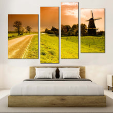 Load image into Gallery viewer, Sunset Windmill Canvas Wall Art Beautiful Orange Sky Netherlands Windmill Canvas Artwork Green Windmill Scenery  4 Piece Canvas Print For Your Bedroom
