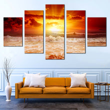 Load image into Gallery viewer, Sunshine  Seascape  Canvas  Print  Orange  Yellow  Ocean  Sky  Living  Room  5  Piece  Canvas  Wall  Art  Cloudy  Sunset  Canvas  Set In Living room
