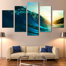 Load image into Gallery viewer, Surfing  Wave  Canvas  Wall  Art  Yellow  Sea  Sunset  Canvas  Set  Beautiful  Blue  Ocean  Waves 5  Piece  Canvas  Print In Living Room
