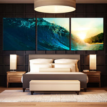 Load image into Gallery viewer, Surfing  Wave  Canvas  Wall  Art  Yellow  Sea  Sunset  Triptych  Canvas  Set  Beautiful  Blue  Ocean  Waves  Bedroom  3  Piece  Canvas  Print In Bedroom
