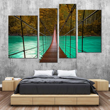 Load image into Gallery viewer, Suspension Bridge Canvas Print Green Sea Park River 4 Piece Canvas Wall Art Brown Wooden Bridge Multiple Canvas 
