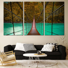 Load image into Gallery viewer, Suspension Bridge Canvas Print Green Sea Park River  3 Piece Canvas Wall Art Brown Wooden Bridge Multi Canvas Artwork In Living Room
