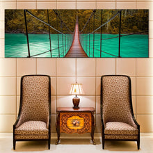 Load image into Gallery viewer, Suspension  Bridge  Canvas  Print  Green  Sea  Park  River  Living  Room  Panoramic  Canvas  Wall  Art  Brown  Wooden  Bridge  Canvas  Artwork In Living Room

