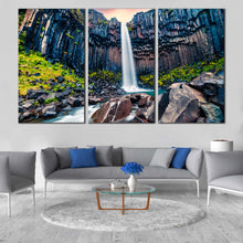 Load image into Gallery viewer, Svartifoss Waterfall Canvas Wall Art Vatnajokull National Park  3 Piece Canvas Orange Sunrise in Skaftafell Waterfall Multi Canvas Europe Green Rocks Waterfall Scenery For Living room
