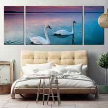 Load image into Gallery viewer, Swans  on  the  lake  Balaton  in  the  night  sky  triptych  canvas  print For Bedroom
