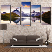 Load image into Gallery viewer, Swiss Alps Canvas Print Purple Wetterhorn Picturesque Scene  5 Piece Canvas Set Schreckhorn Mountains Canvas Wall Art White Grindelwald valley Multiple Canvas In Living Room
