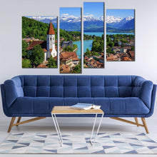 Load image into Gallery viewer, Switzerland Cityscape Canvas Wall Art Beautiful White Snow Mountain 4 Piece Canvas Print Lake Thun Green Trees Scenery Multi Canvas
