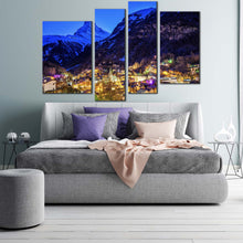 Load image into Gallery viewer, Switzerland Landscape Canvas Wall Art Blue Zermatt Landscape 4 Piece Canvas Print Beautiful Yellow Village Lights Mountain Multiple Canvas
