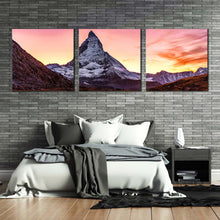 Load image into Gallery viewer, Switzerland Landscape Canvas Wall Art Brown White Matterhorn Mountain 3 Piece Canvas Print Yellow Sunset View Riffelsee Lake Multi Canvas Artwork In Bedroom
