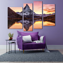 Load image into Gallery viewer, Switzerland Landscape Canvas Wall Art Brown White Matterhorn Mountain 4 Piece Canvas Print Yellow Sunset View Riffelsee Lake Multi Canvas Artwork
