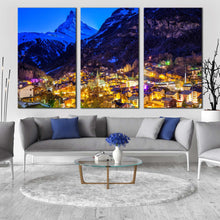 Load image into Gallery viewer, Switzerland Mountain Canvas Print Beautiful Yellow Village Lights Mountain Multi Canvas Artwork Blue Zermatt Landscape 3 Piece Canvas Print In Living Room
