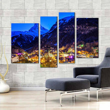 Load image into Gallery viewer, Switzerland Mountain Canvas Print Beautiful Yellow Village Lights Mountain Multi Canvas Artwork Blue Zermatt Landscape 4 Piece Canvas Print
