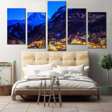 Load image into Gallery viewer, Switzerland Mountain Canvas Print Beautiful Yellow Village Lights Mountain Multi Canvas Artwork Blue Zermatt Landscape 5 Piece Canvas Print For Bedroom
