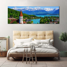 Load image into Gallery viewer, Switzerland Mountain Canvas Print Blue Sky Lake Thun Canvas Wall Art Thun City Green Trees Landscape 1 Piece Canvas For Bedroom
