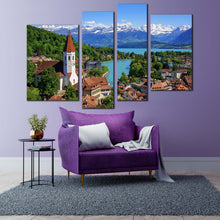 Load image into Gallery viewer, Switzerland Mountain Canvas Print Blue Sky Lake Thun Canvas Wall Art Thun City Green Trees Landscape 4 Piece Multiple Canvas
