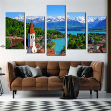 Load image into Gallery viewer, Switzerland Mountain Canvas Print Blue Sky Lake Thun Canvas Wall Art Thun City Green Trees Landscape 5 Piece Multiple Canvas In Living Room
