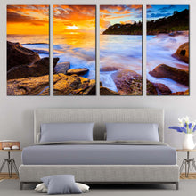 Load image into Gallery viewer, Sydney Beach Canvas Wall Art Yellow Whale Beach Sunset Multi Canvas Ocean Rocks Canvas Artwork Blue Australia Beach  4 Piece Canvas Print For Your Bedroom
