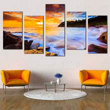 Load image into Gallery viewer, Sydney Seascape Canvas Print Blue Australia Beach Multi Canvas Artwork Yellow Whale Beach Sunset Canvas Set Ocean Rocks  5 Piece Canvas Wall Art In Living Room
