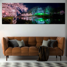 Load image into Gallery viewer, Takada  Castle  Canvas  Wall  Art  Cherry  Blossom  Flowers  Canvas  Artwork  Japan  Pink  Sakura  Trees  Wide  Canvas  Green  Takada  Park  River  Reflection Panoramic  Canvas  Print In Living Room
