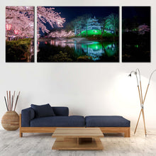 Load image into Gallery viewer, Takada  Castle  Canvas  Wall  Art  Cherry  Blossom  Flowers  Canvas  Set  Japan  Pink  Sakura  Trees  Multi  Canvas  Green  Takada  Park  River  Reflection    3  Piece  Canvas  Print In Living Room
