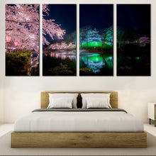 Load image into Gallery viewer, Takada Castle Canvas Wall Art Cherry Blossom Flowers Multi Canvas Artwork Japan Pink Sakura Trees Multiple Canvas Green Takada Park River Reflection  4 Piece Canvas Print For Bedroom
