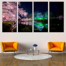 Load image into Gallery viewer, Takada Park Canvas Wall Art Japan Pink Sakura Trees 4 Piece Multi Canvas Green Takada Castle River Reflection Canvas Print Cherry Blossom Flowers Multiple Canvas In Living Room
