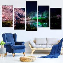 Load image into Gallery viewer, Takada Park Canvas Wall Art Japan Pink Sakura Trees 5 Piece Multi Canvas Green Takada Castle River Reflection Canvas Print Cherry Blossom Flowers Multiple Canvas In Living Room
