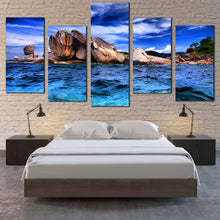 Load image into Gallery viewer, Tempest Ocean Canvas Wall Art Blue Cloudy Sky  5 Piece Canvas Brown Ocean Rocks Canvas Print In Bedroom
